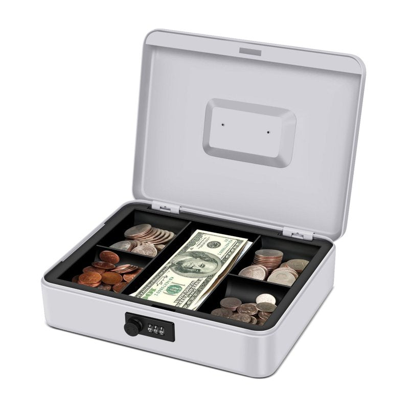 Metal Cash Box with Combination Lock and 5-Compartment Tray - Small Security Money Box
