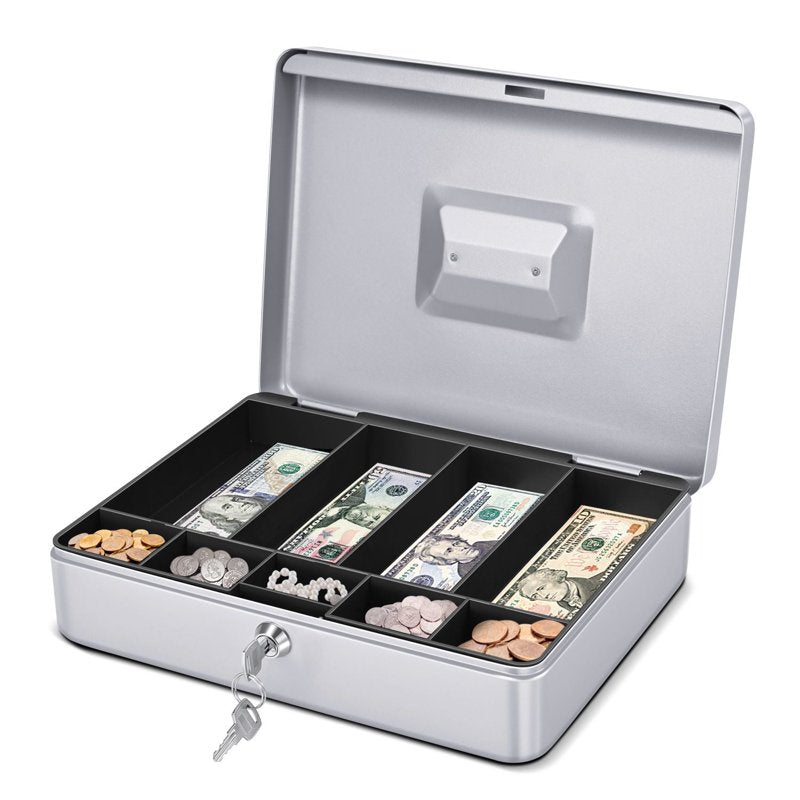 Metal Cash Box with Lock and 9 Compartments - Portable Money Organizer for Small Businesses