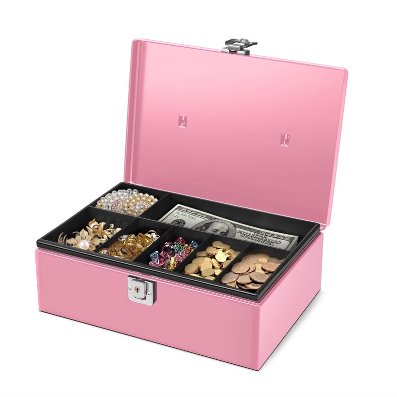 Pink Metal Cash Box with Lock & 7-Compartment Money Tray - Secure Storage for Small Businesses