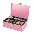 Pink Metal Cash Box with Lock & 7-Compartment Money Tray - Secure Storage for Small Businesses