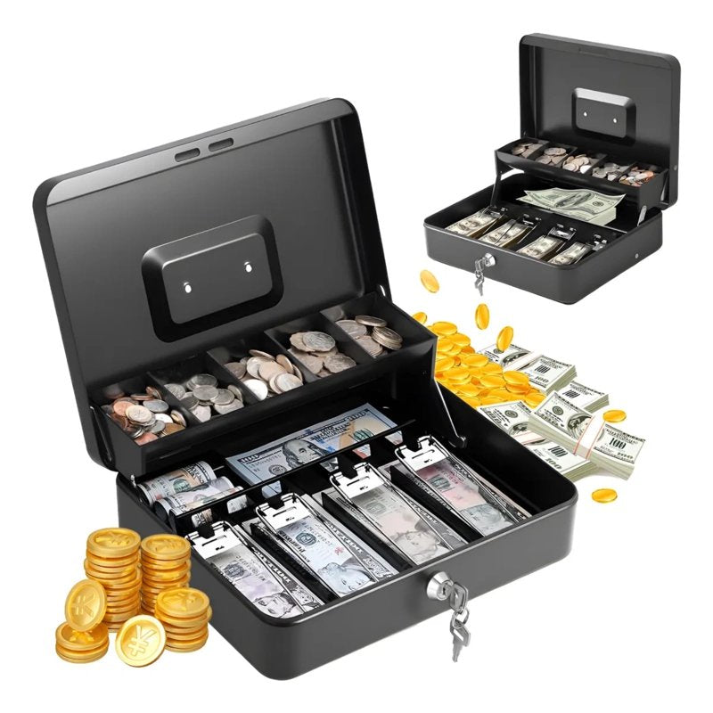 Large Locking Cash Box with Money Tray, 2-Layer Steel Safe for Cash, 11.8x9.4x3.5 inches