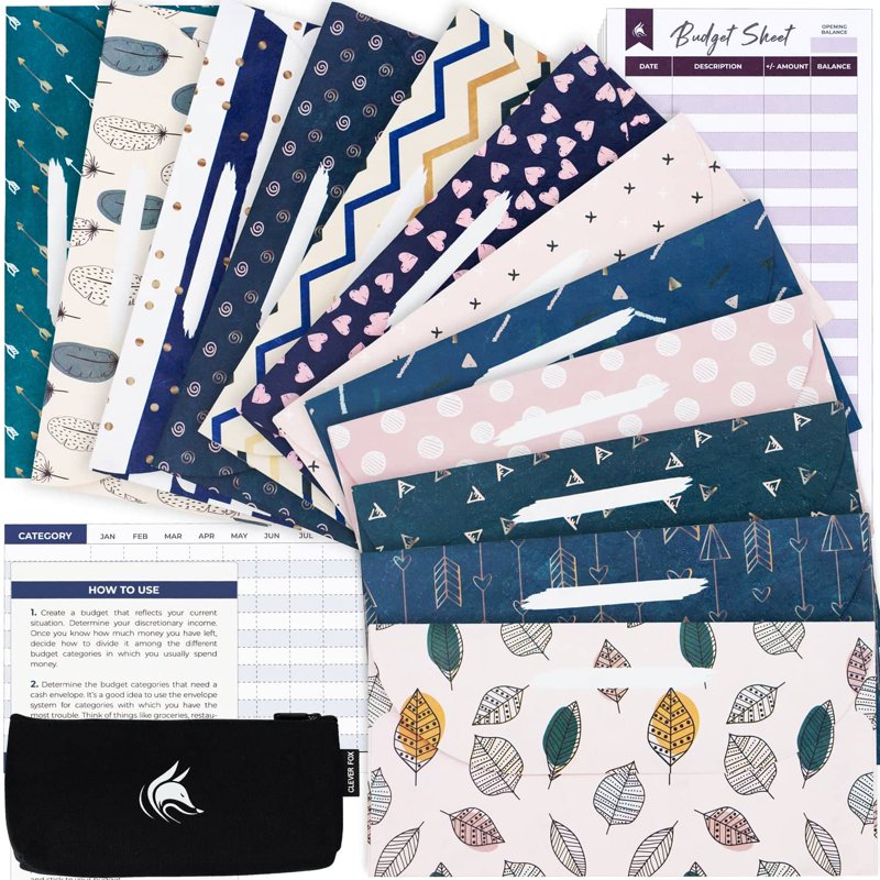 Cash Envelope Budget System Set with Water-Resistant Envelopes, Pouch & Tracking Sheets