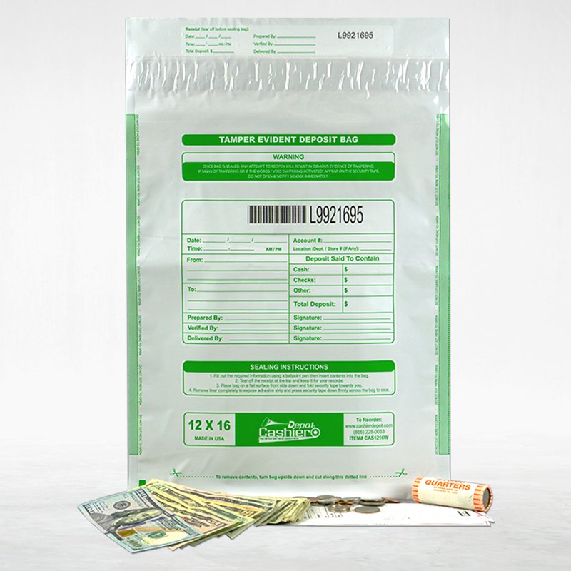 Tamper Evident Deposit Bags 12x16 White with Barcode & Serial Number - 100 Pack