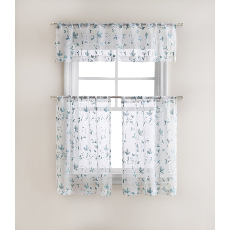 Cassandra Floral Embroidered Semi Sheer Kitchen Curtain Set - Blue & Aqua