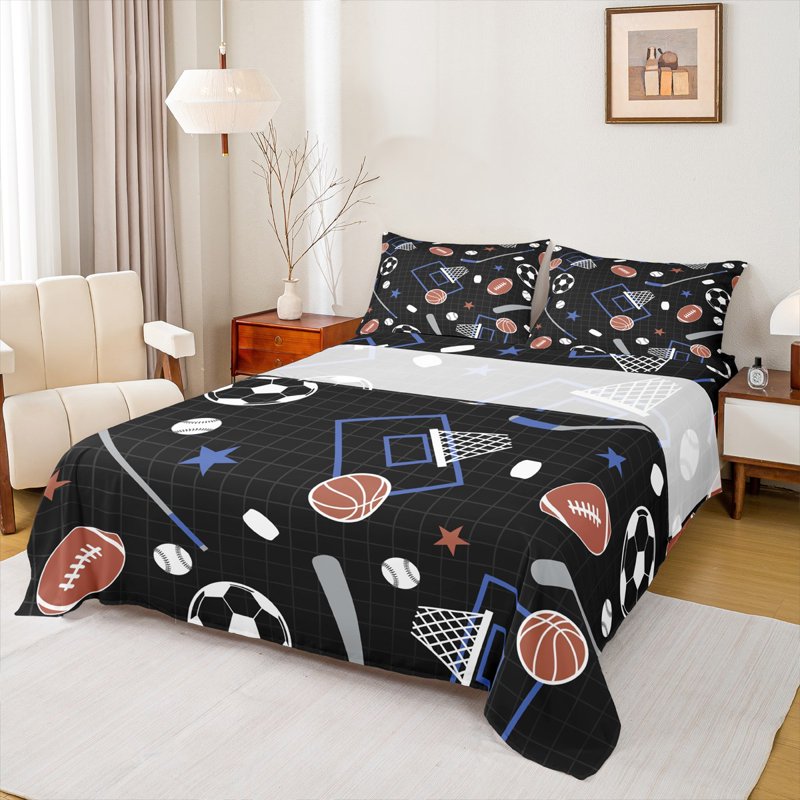 Castle Fairy Twin 3pc Sheet Set - Geometric Plaid & Sport Gamer Breathable Microfiber (Black Blue Brown) Twin