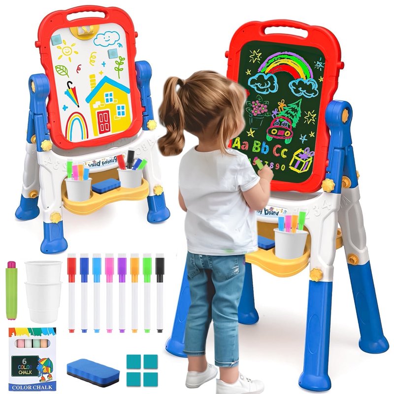 Kids Double-Sided Magnetic Art Easel with Whiteboard & Chalkboard, Adjustable Height, Blue