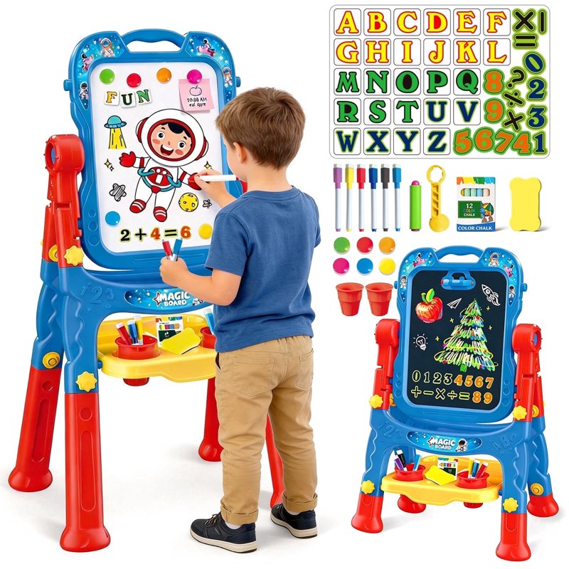 Kids Art Easel with Double-Sided Chalkboard & Whiteboard - Learning & Drawing Toy for Ages 2-8