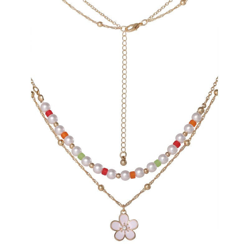 Women's Layered Flower Charm Necklace with Adjustable Chain - Trendy Jewelry Accessory