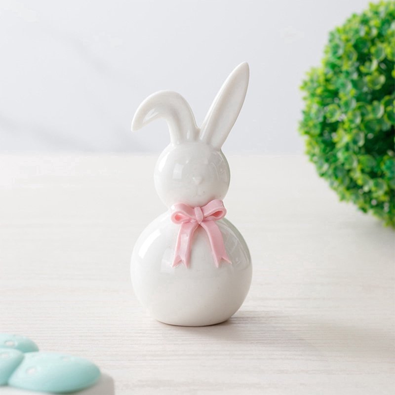 Ceramic Bunny Figurines with Bow - 6 Inch Easter Home Decor & Centerpiece