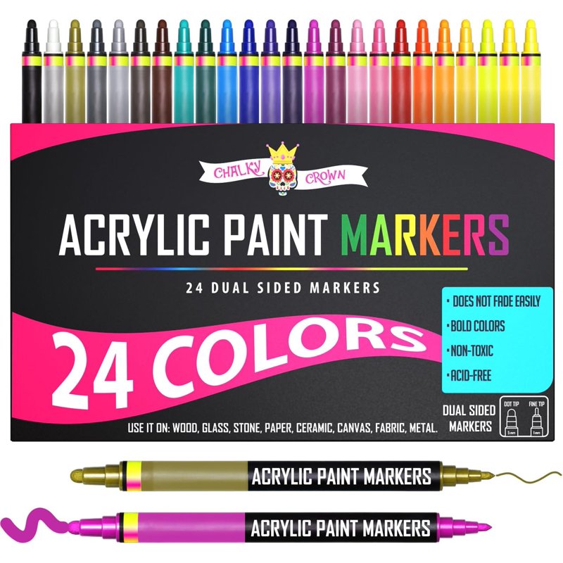 Acrylic Markers Set 24 Pack - Vibrant, Quick-Drying Paint Pens for Crafts