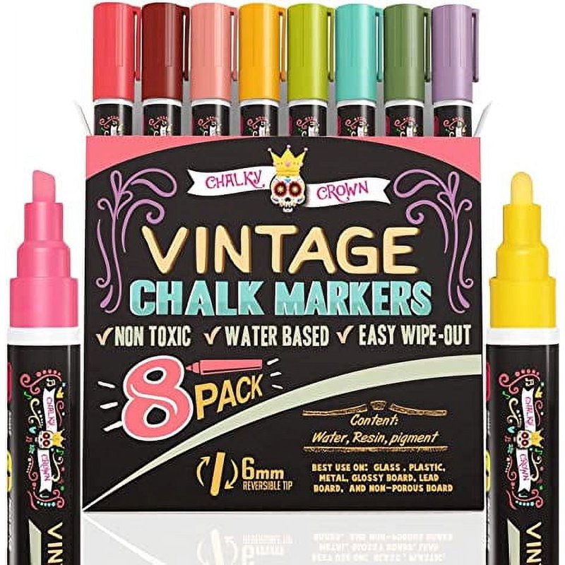 Chalky Crown 8 Pack Liquid Chalk Markers - Reversible Tips, 6mm - Black