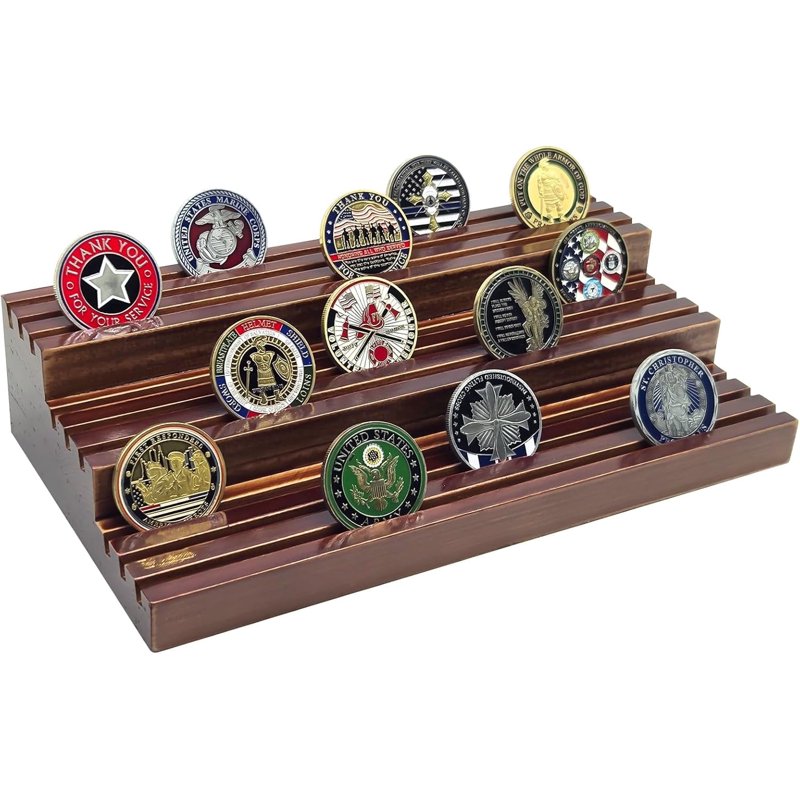 Wooden Challenge Coin Display Stand - Holds 45-60 Coins, 9 Rows Collector Display
