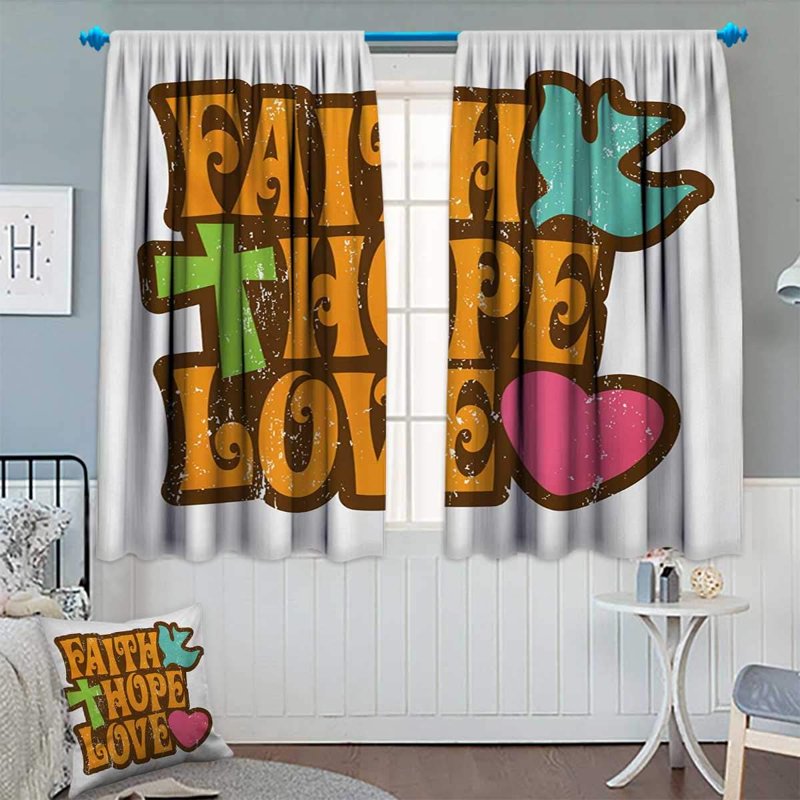 Blackout Window Curtain with Religious Quote - Hope Faith Love Grunge Style, 63x72 Inches
