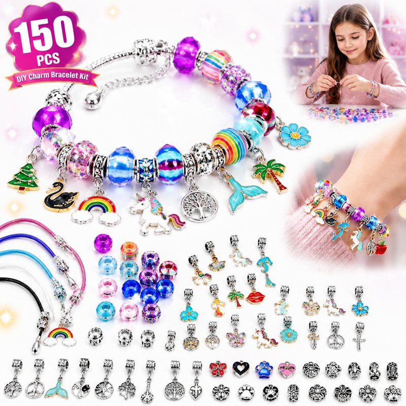 Kids Jewelry Making Kit with Charms, Pendants & Chains – Unicorn & Rainbow Set for Girls 5-12