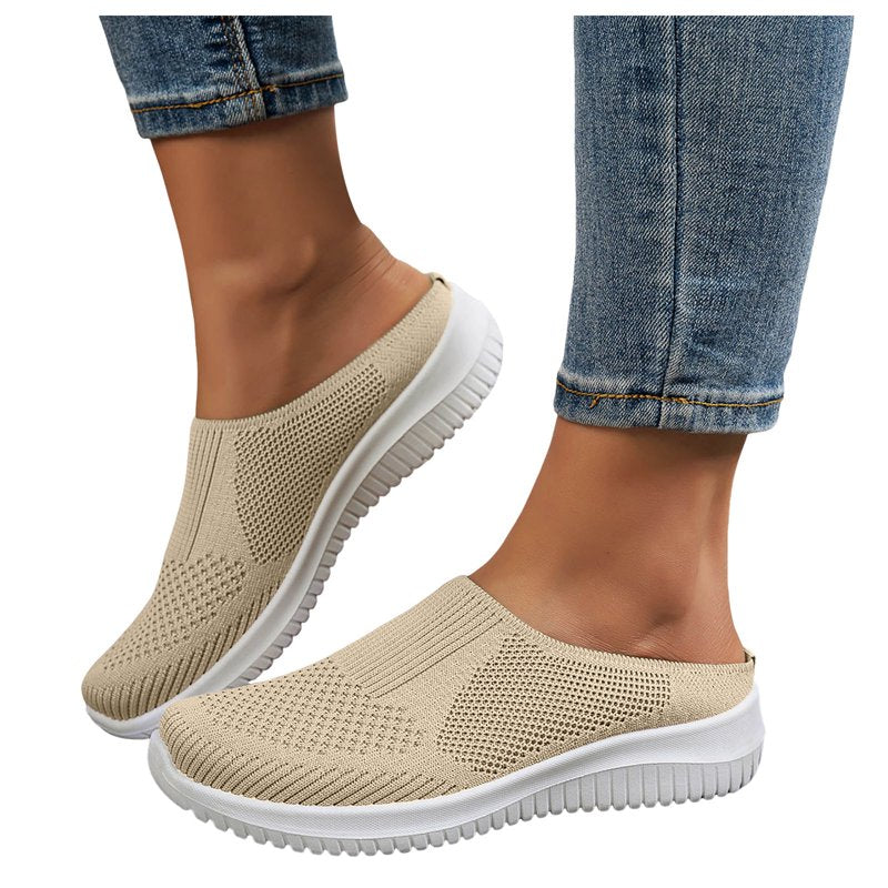 Women's Breathable Knit Slip-On Walking Shoes - Non Slip, Soft Sole, Backless Sneakers