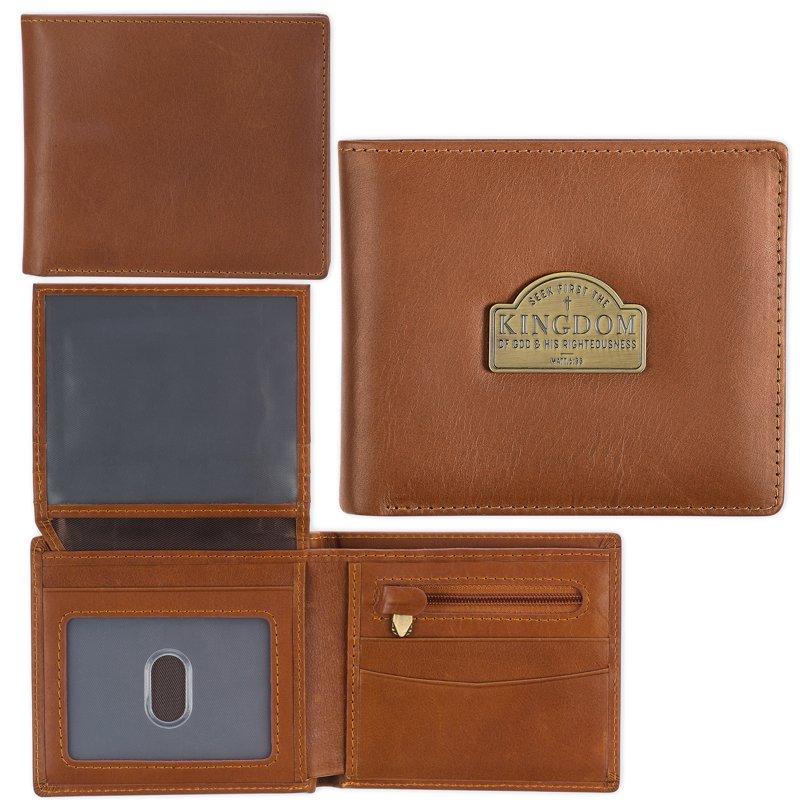 Full Grain Leather RFID Blocking Wallet for Men with Bible Verse - Saddle Tan