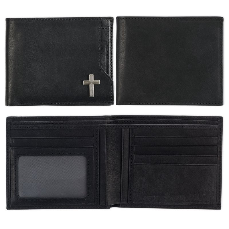 Men's Leather RFID Blocking Cross Wallet with Removable ID Window - Black