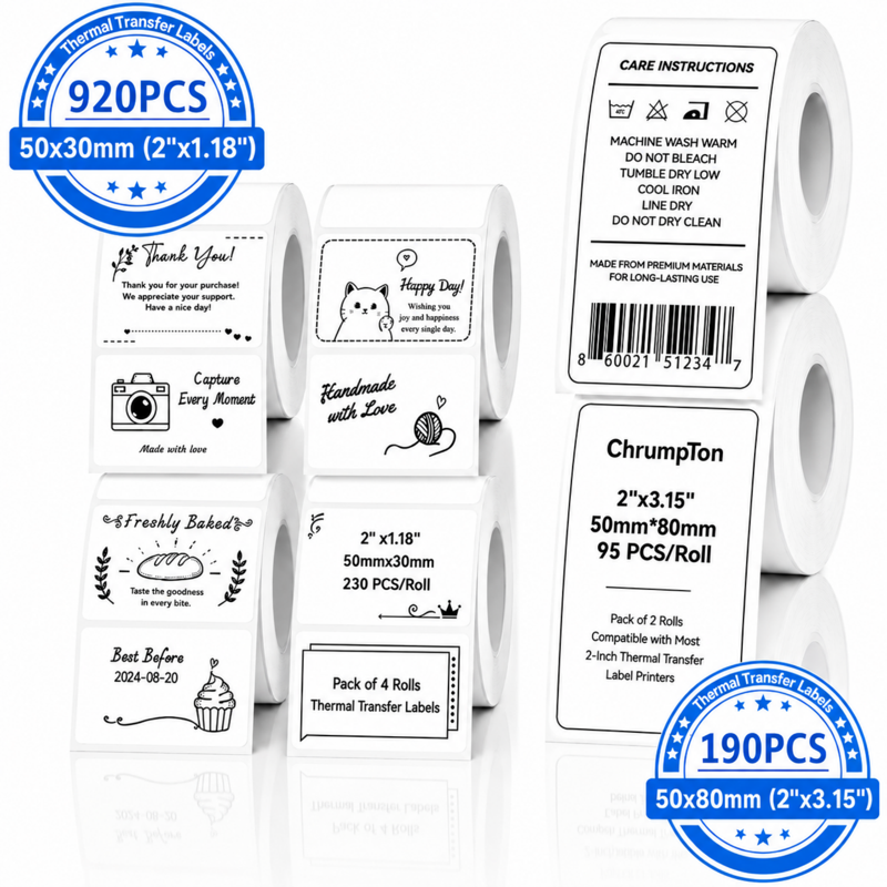 Thermal Transfer Barcode Labels 6 Rolls 1110 Count 2x1 & 2x3.15 Inches Self-Adhesive