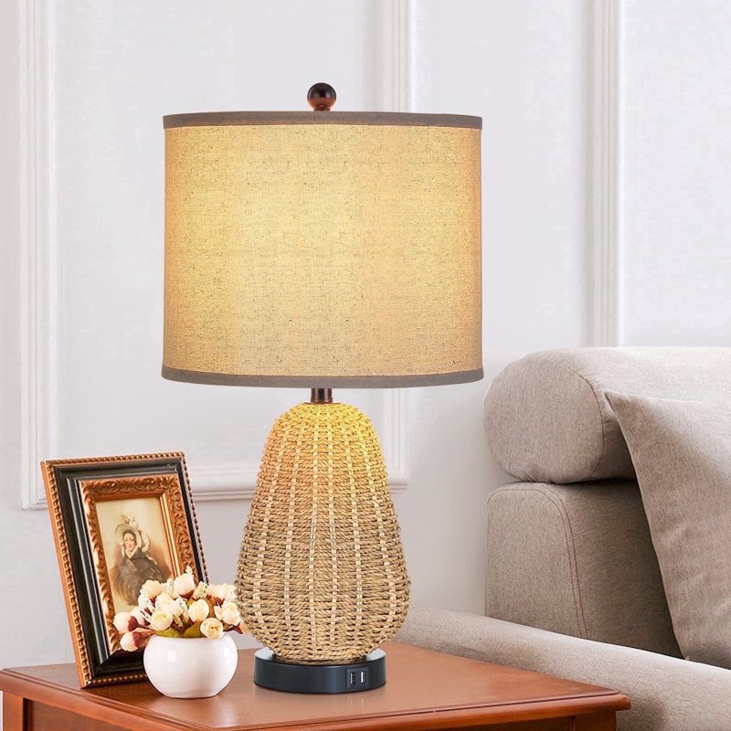 Modern Rattan Table Lamp with USB Charging Ports - Dimmable Bedside Lamp