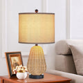 Modern Rattan Table Lamp with USB Charging Ports - Dimmable Bedside Lamp