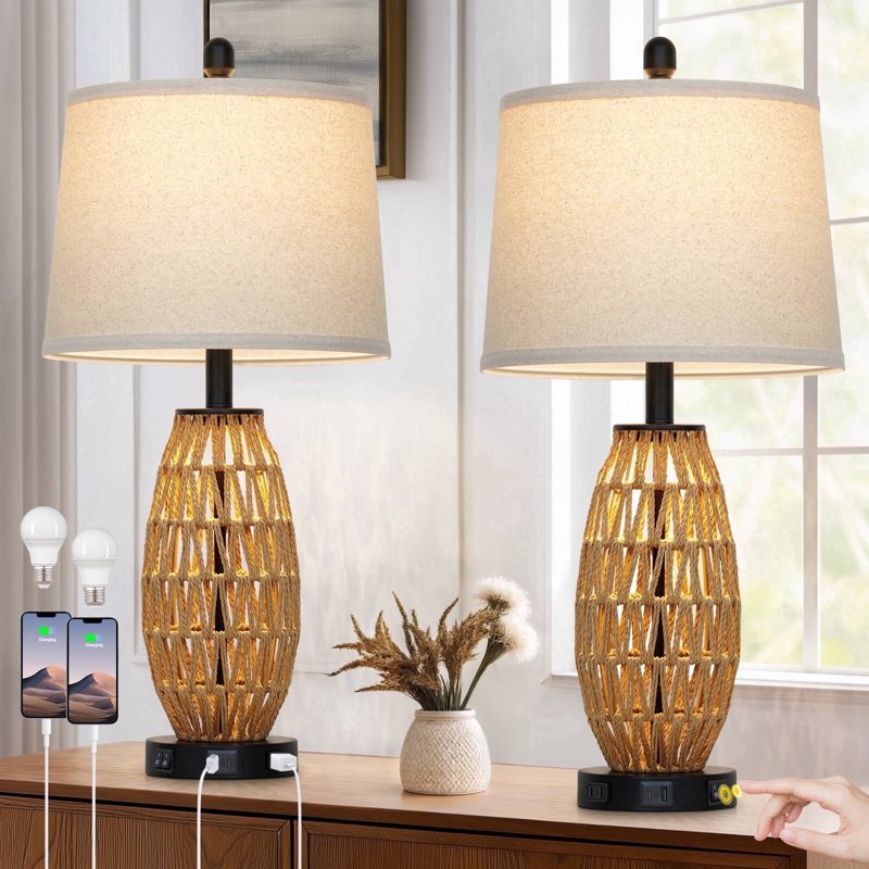 Set of 2 27-Inch Rattan Table Lamps with Night Light & USB Charging