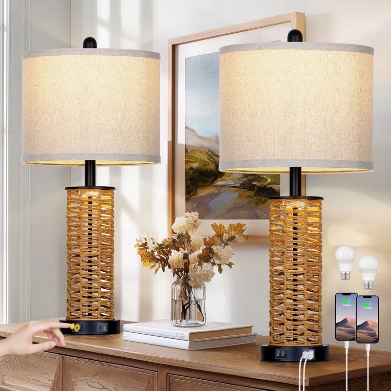 Set of 2 Rattan Woven Table Lamps with Dual Switches & USB Charging Ports - Farmhouse Nightstand Lighting