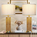 Set of 2 27-Inch Rattan Woven Table Lamps with USB Ports and Dual Switches