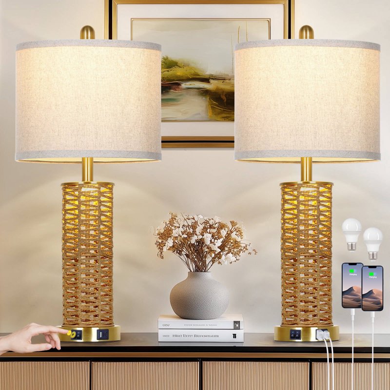 Set of 2 27-Inch Rattan Woven Table Lamps with USB Ports and Dual Switches