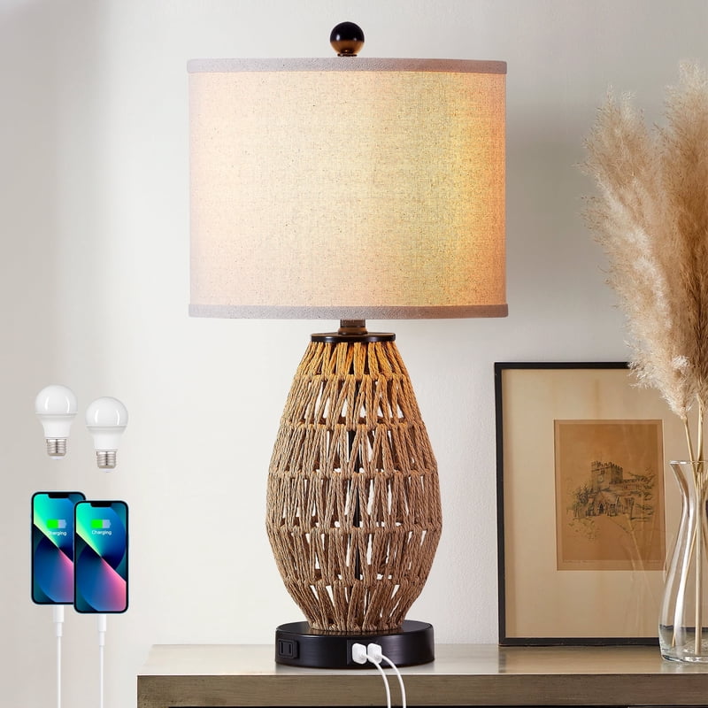 Modern Rattan & Linen Table Lamps with USB & AC Outlet - Touch Control, Dimmable Nightstand Lighting