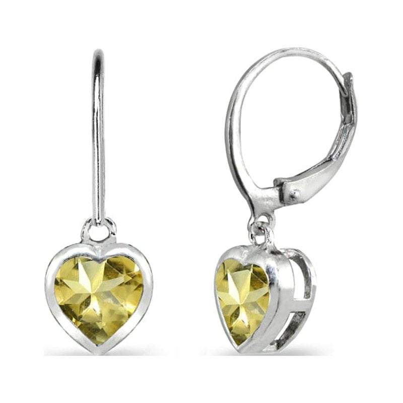 Sterling Silver Dangle Heart Earrings with Citrine Bezel-Set 6mm Gemstone