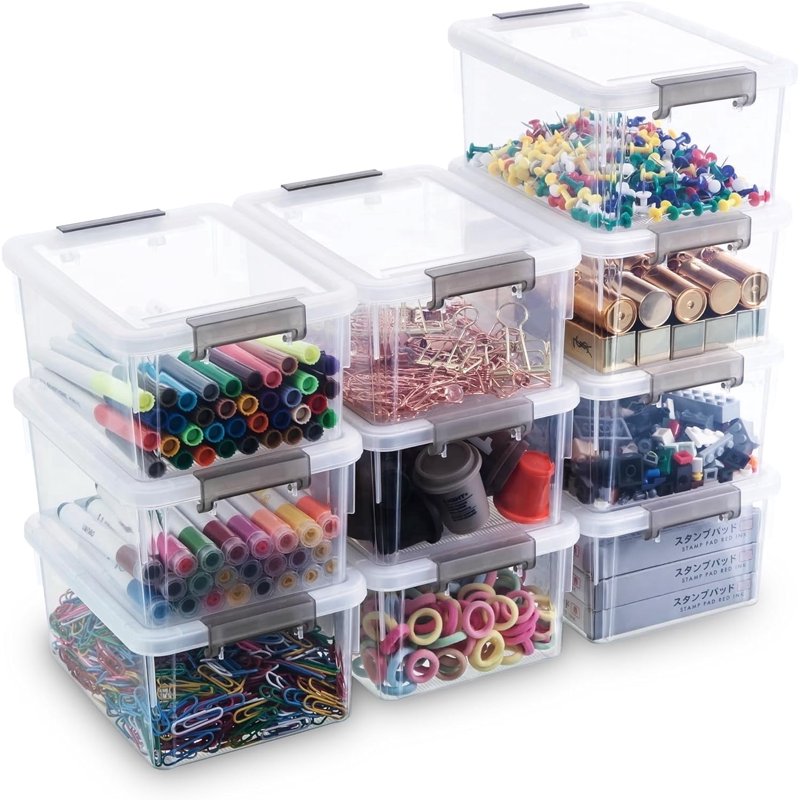 Stackable Plastic Storage Bins with Lids - Small Craft and Toy Organizer, 10 Pack