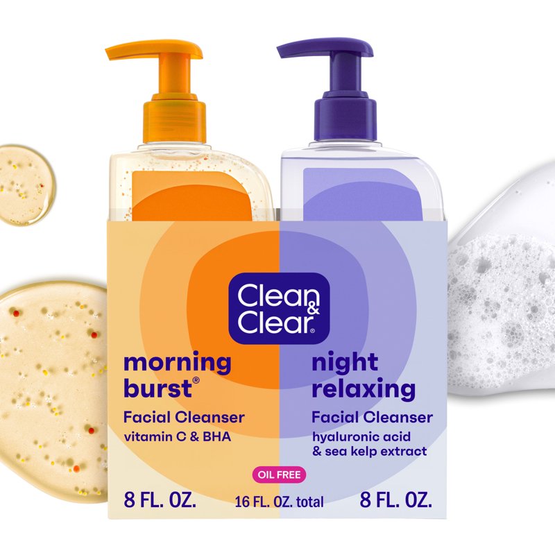 (2 Pack) Oil-Free Day & Night Acne Face Wash Set - Pore Clearing, Hydrating, Paraben-Free