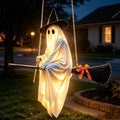 Halloween Light-Up Ghost Decorations Outdoor - 6 FT Spooky Hanging Ghost with Broomstick & Witch Hat