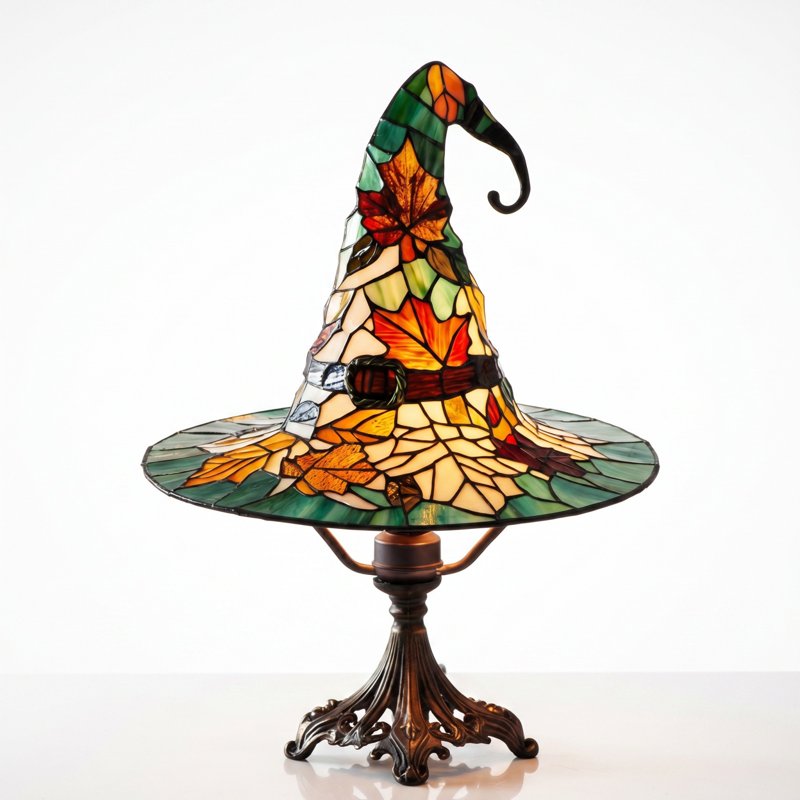 Halloween Witch Hat Lamp with Tiffany Stained Glass Design - Fall Decor for Home & Party