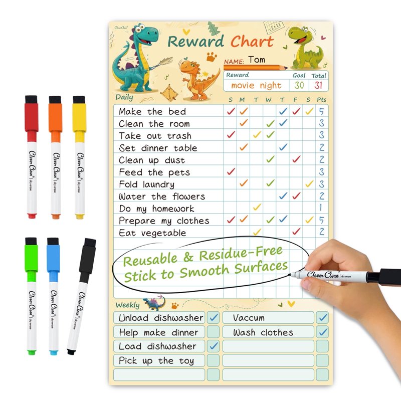 Dinosaur Themed Dry Erase Chore Chart Whiteboard with 6 Markers - Reusable Kids Reward System