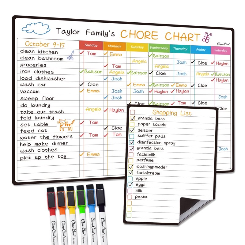 Magnetic Dry Erase Chore Chart Set with Markers — Household Organizer