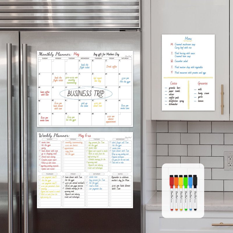 Dry Erase Calendar Set with Weekly Planner and Whiteboard for Fridge Wall or Cabinets