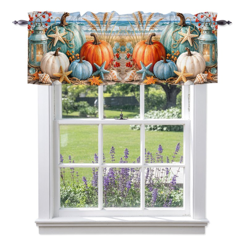 Coastal Fall Window Valance with Pumpkin & Starfish Pattern - Short Curtains for Kitchen & Bathroom