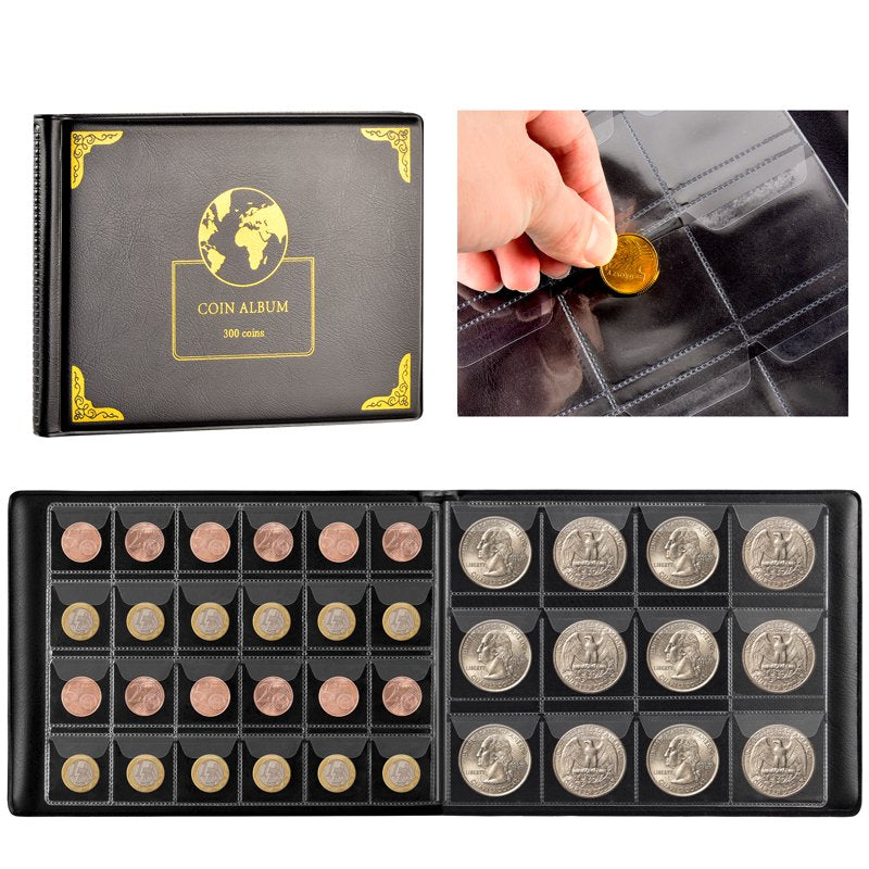 Coin Collection Organizer Album with 300 Transparent Sleeves - Black Earth Pattern