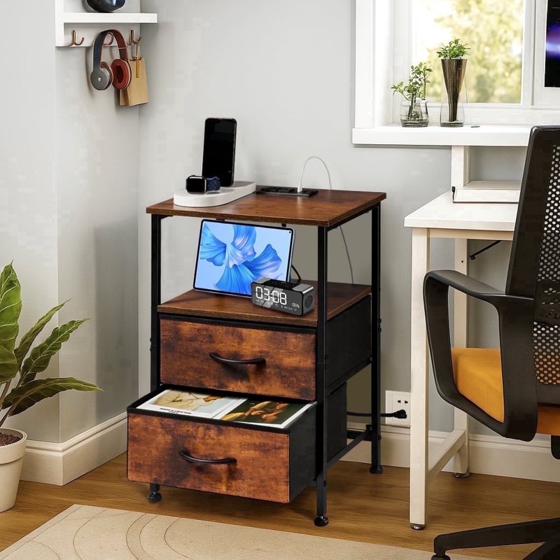File Cabinet with Charging Station and Storage Shelves - Rustic Brown