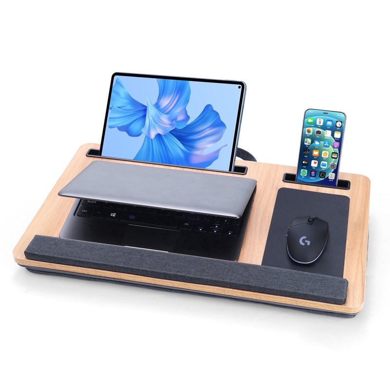 Coliware 21.6 inch Lap Desk with Dual Cushion, Wood Grain — Built-in Mouse Pad & Phone Storage