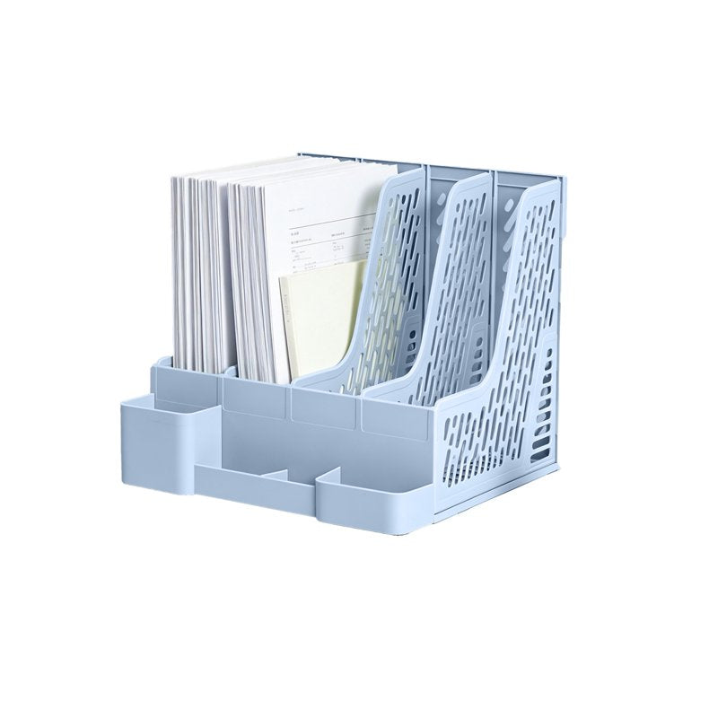 Multi-Compartment Desk File Organizer with Detachable Pen Holders - Plastic Storage Rack for Office and Home