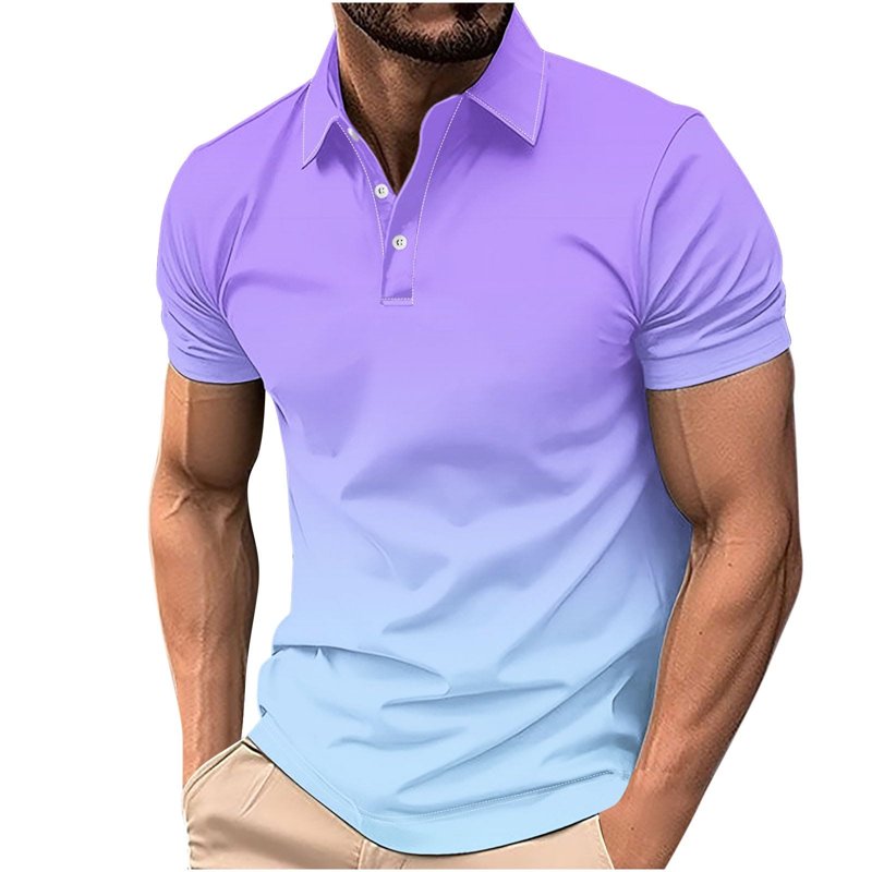 Men's Casual Polo Shirt Short Sleeve Button Collar Gradient Ribbed Knit Regular Fit