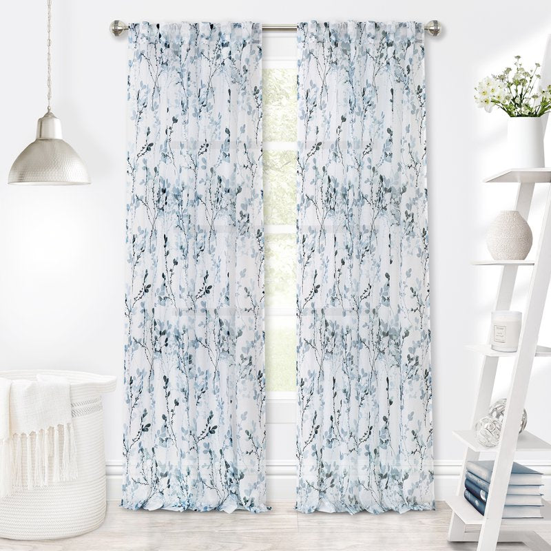 Indoor Floral Light Filtering Curtain Panel - Linen-Like Texture, Teal, 52x84 Inches