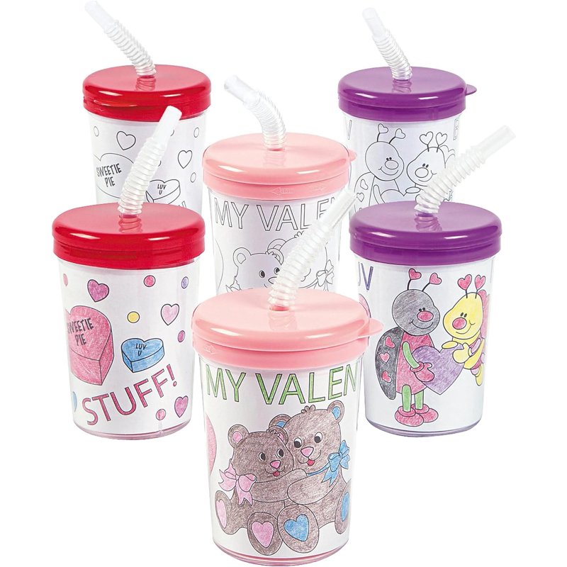Color Your Own Valentine Cups with Lids & Straws - Kids Craft Kit, 12 Pieces