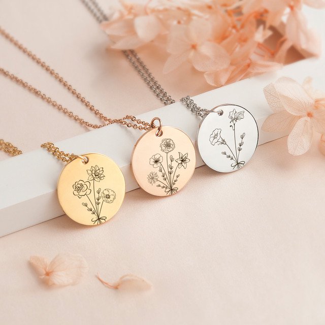Personalized Birth Flower Necklace with Up to 4 Charms - Customizable Jewelry Gift for Mom