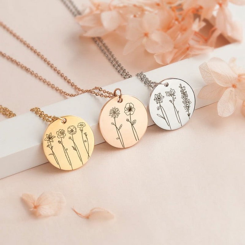 Personalized Birth Flower Necklace with Multiple Charms - Custom Family Gift for Mom