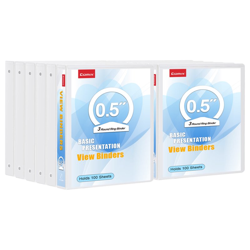 1/2 Inch Capacity Binder with 3 Rings - Water-Resistant, 100 Sheets, White, 12 Pack