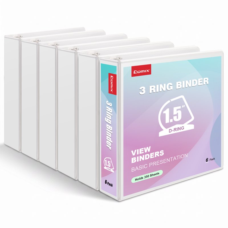 1.5 Inch D-Ring Binder with Clear Cover, Holds 350 Sheets, Pack of 6