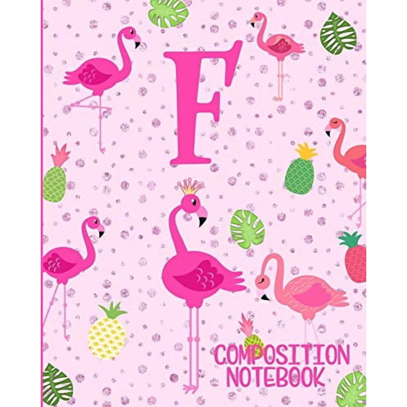 Pink Flamingo Initial F Composition Notebook - Wide Ruled 8x10 Inches, 120 Pages